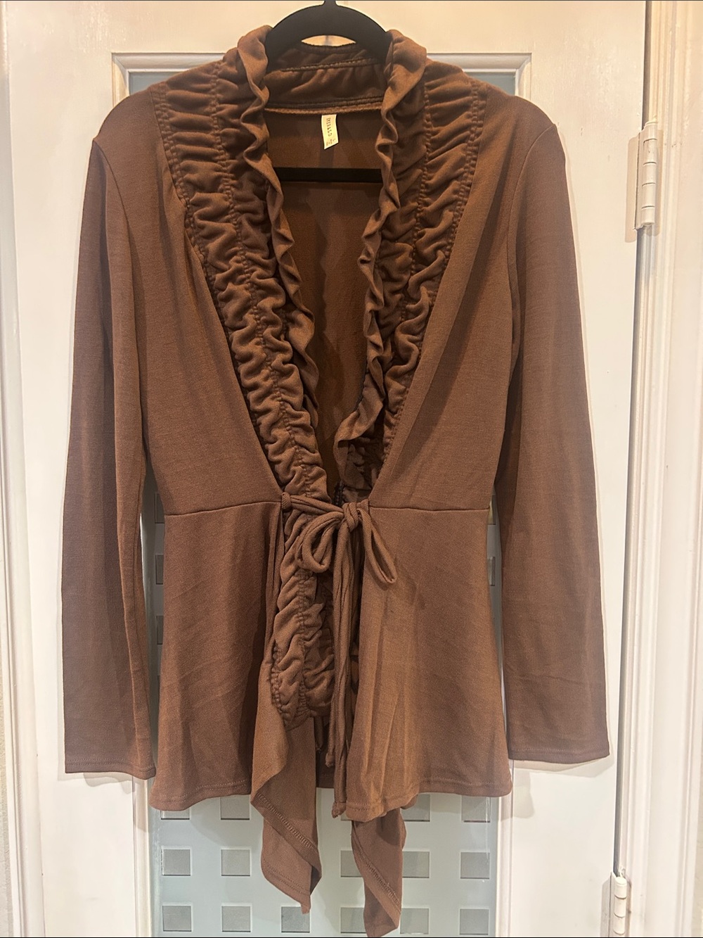 Emerald Ruffled Open-Front Tie-Waist Women's Top - Brown
